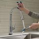 The Delta Touch2O line lets you turn the flow of water on and off just by lightly tapping on the neck of the faucet.